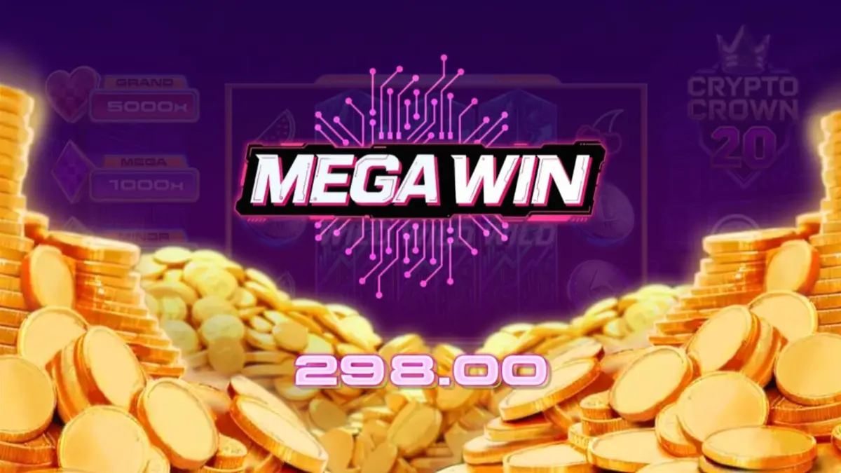 Interface do jogo de slot Crypto Crown 20 com símbolos de criptomoedas e frutas neon.