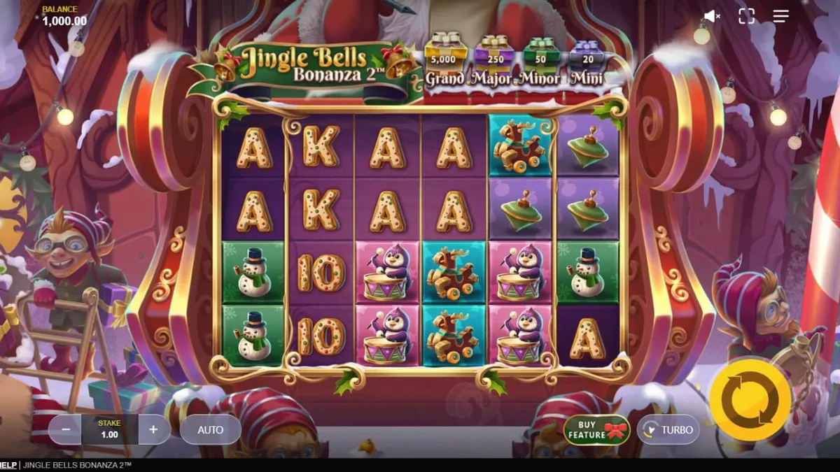 Tela do jogo Jingle Bells Bonanza 2 com tema natalino e rolos girando