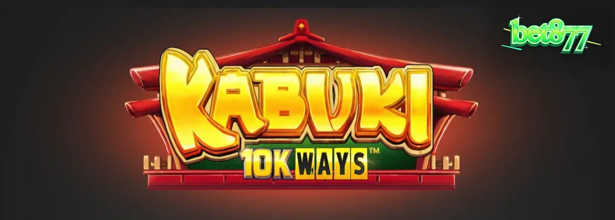 Cena do jogo Kabuki 10k Ways com máscaras tradicionais e cenário de teatro japonês